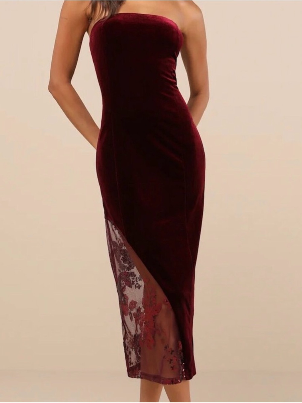 Lulu's Strapless Velvet Asymmetrical Midi Dress in Burgundy